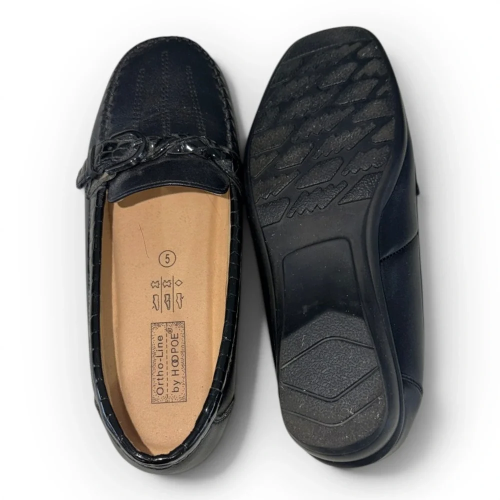 Ortho-Line by Hoopoe‎ Womens Black Leather Croc Trim Buckle Loafers Size 5
